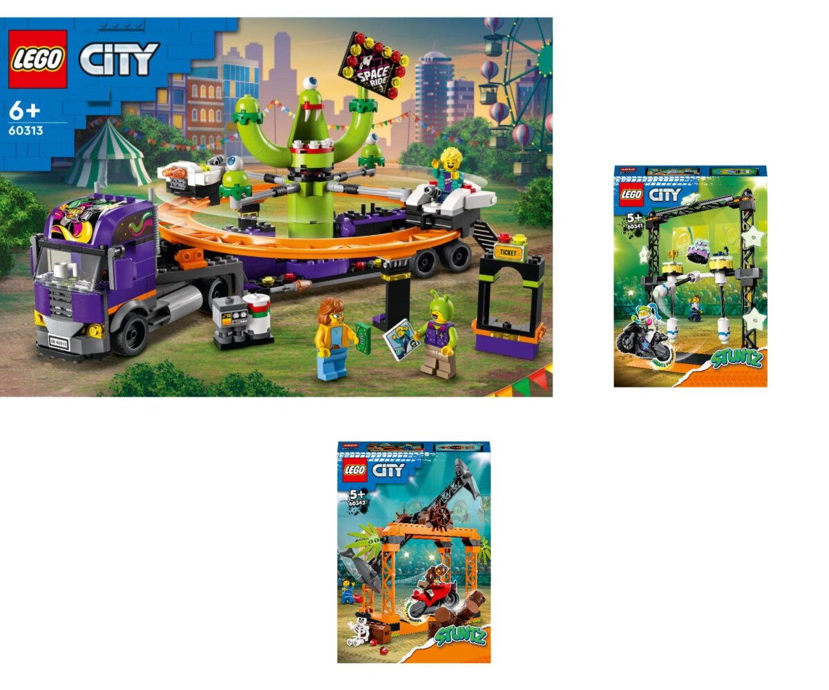 Image of LEGO® 3er Set: City Great Vehicles 60313 LKW mit Weltraumkarussell + Umstoß-Stuntchallenge + 60342 City Stuntz Haiangriff-Challenge