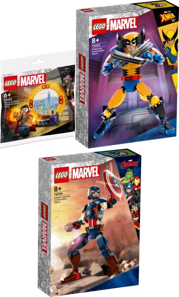 LEGO® 3er Set: 30652 Das Dimensionsportal von Doctor Strange + Marvel Wolverine Baufigur (76257); Bau- und Spielset (327 Teile) + Marvel Captain America Baufigur (76258); Bau- und Spielset (310 Teile)